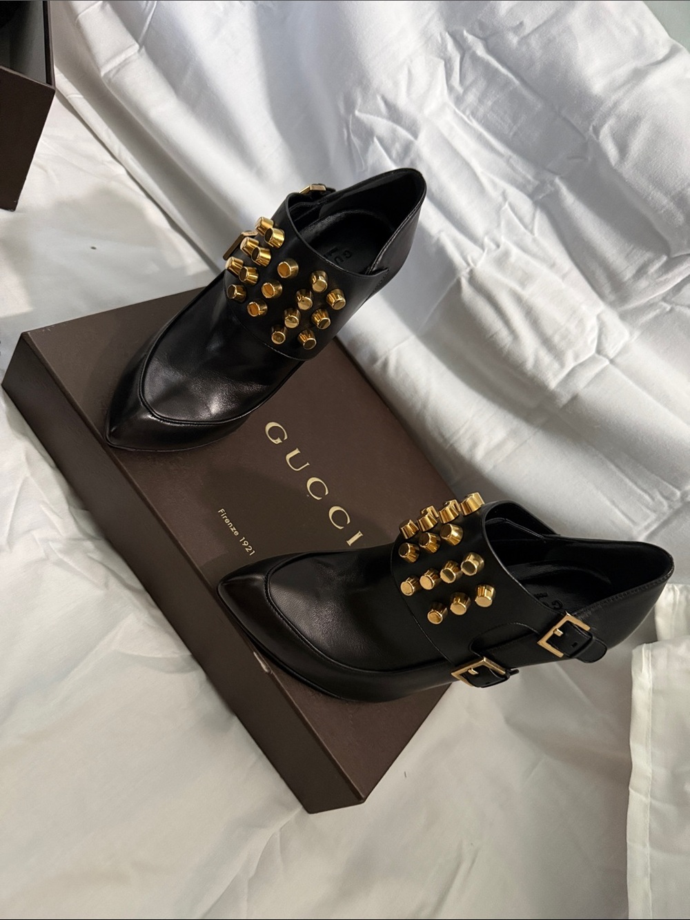 Brand NEW Gucci Black Leather Pointed Loafers with Gold Studs and Buckles